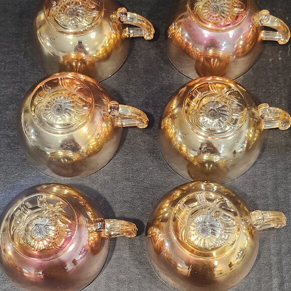 Jeanette Glass Peach/Gold Luster "Egg Nog" Punch Bowl With 6 Cups Carnival Glass - Picture 8 of 12